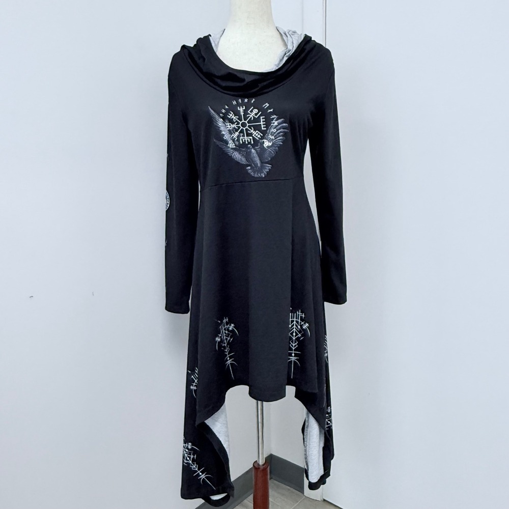 Coramoon Viking Ren Faire Dress Size L Gothic Raven Whimsigoth Handkerchief Hem